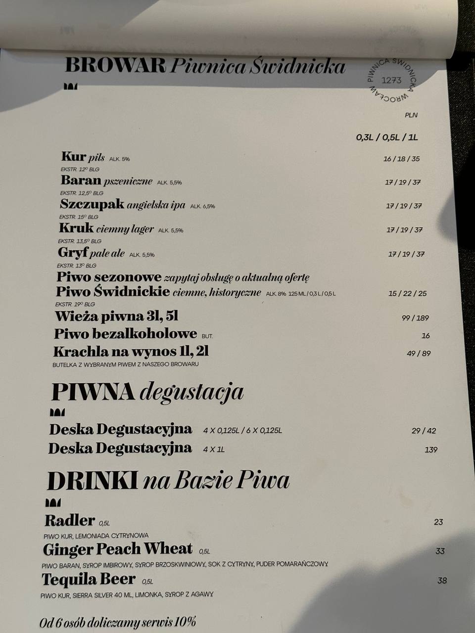 Piwnica Świdnicka cennik